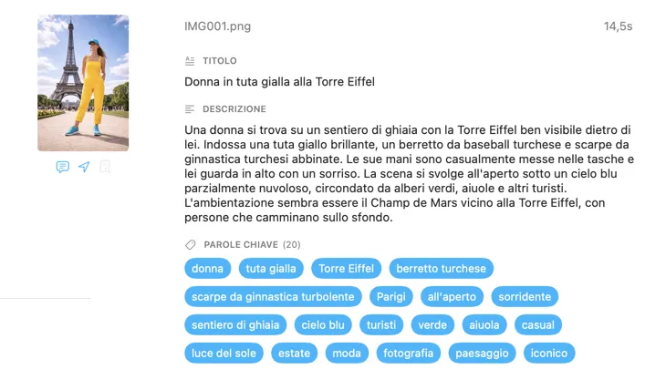 Metadati generati da VisionTagger per un’immagine usando IA locale