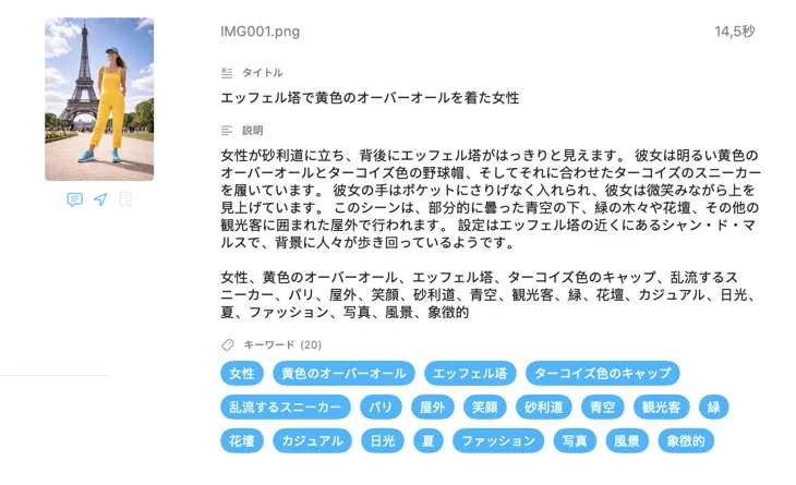 ローカルAIで画像に対して VisionTagger が生成したメタデータ