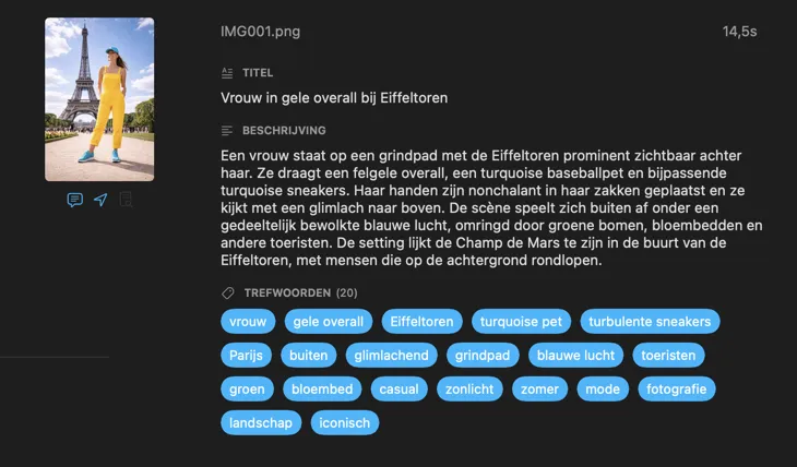 VisionTagger gegenereerde metadata voor een afbeelding gebruik makend van lokale AI