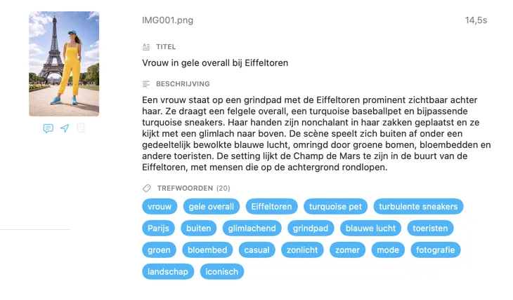 VisionTagger gegenereerde metadata voor een afbeelding gebruik makend van lokale AI