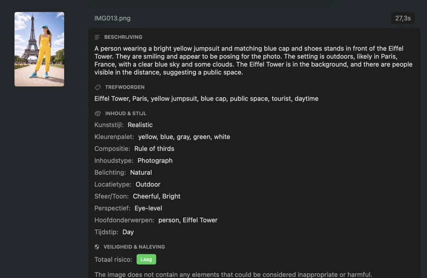 VisionTagger gegenereerde metadata voor een afbeelding gebruik makend van lokale AI
