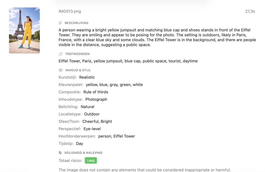 VisionTagger gegenereerde metadata voor een afbeelding gebruik makend van lokale AI
