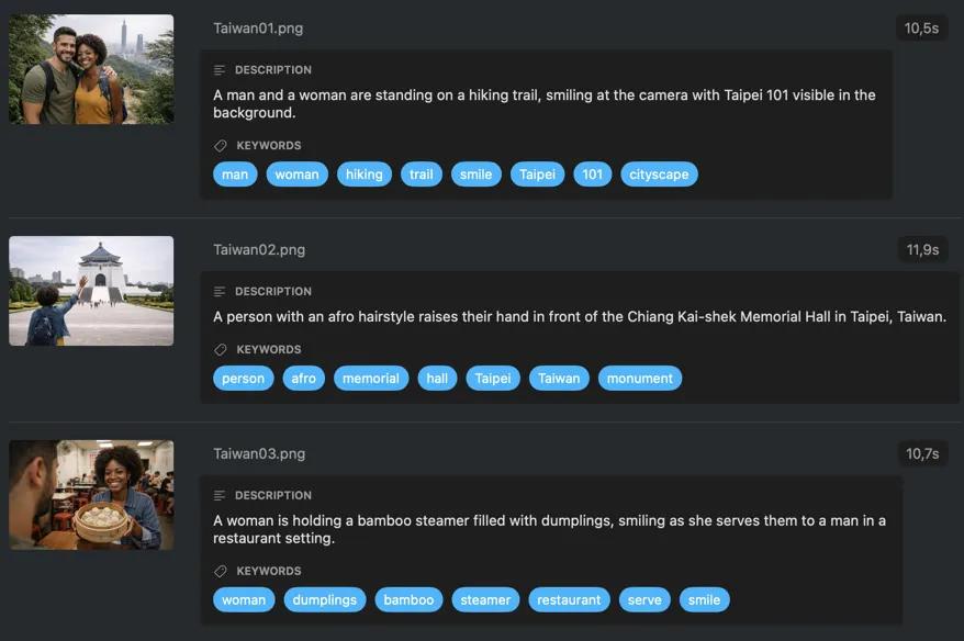 VisionTagger showing a batch of photos with generated descriptions and keywords