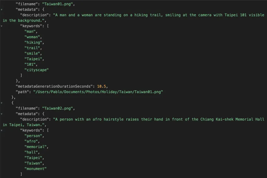 JSON export with structured photo metadata