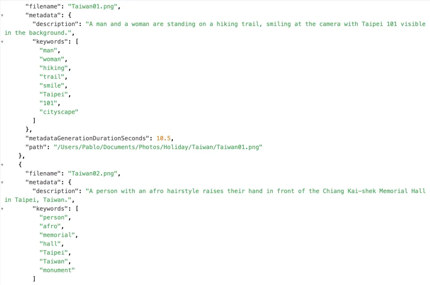 JSON export with structured photo metadata