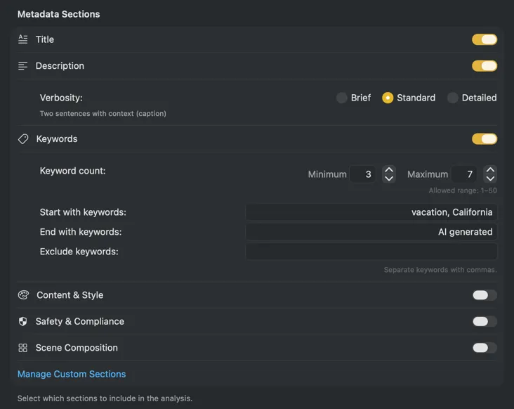 VisionTagger metadata schema configuration with custom metadata section