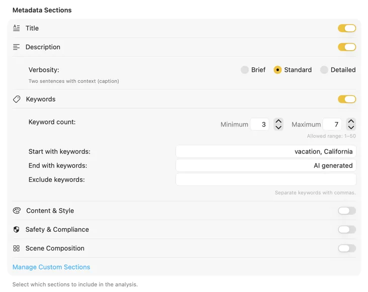 VisionTagger metadata schema configuration with custom metadata section