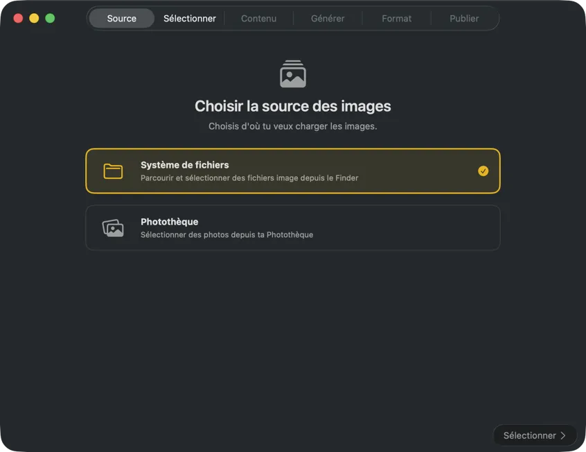 Sélectionner la source des images