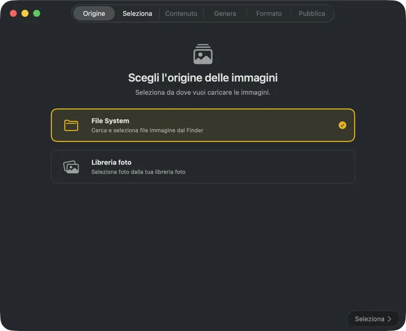 Seleziona la sorgente delle immagini