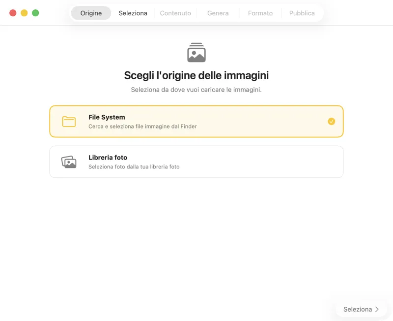 Seleziona la sorgente delle immagini