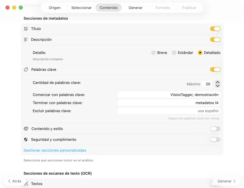 Configurar el contenido de metadatos