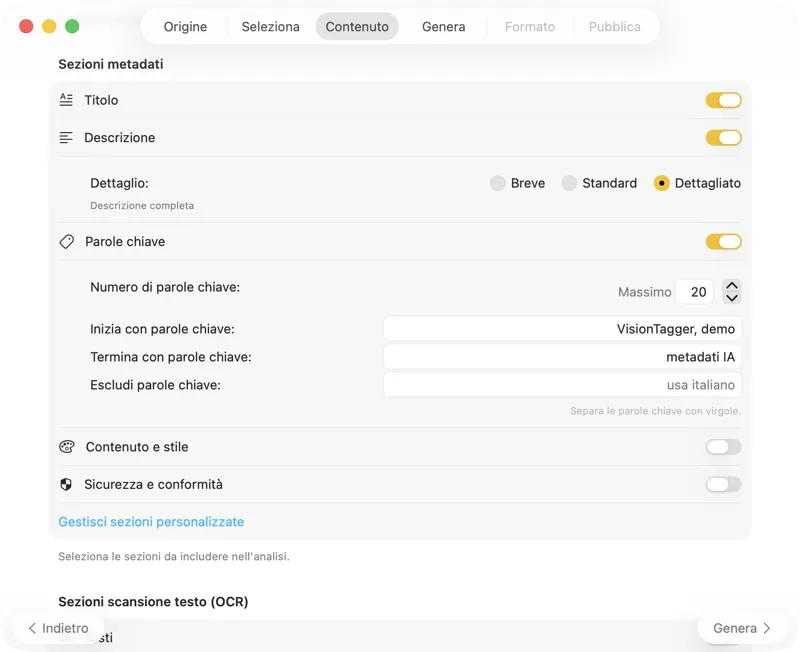 Configura i contenuti dei metadati