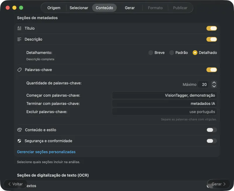 Configurar conteúdo de metadados