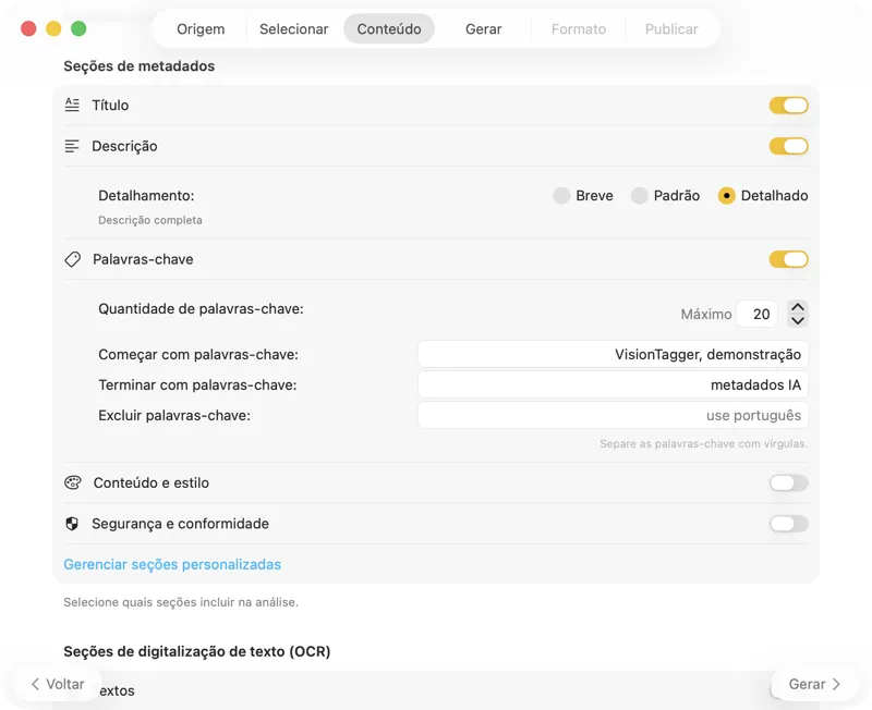 Configurar conteúdo de metadados